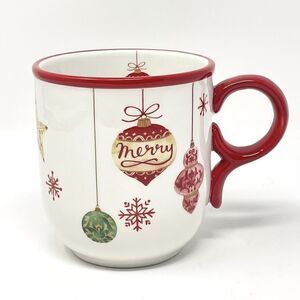 Sur La Table Christmas Mug White Red Ornaments Holiday Coffee Cocoa Cup
